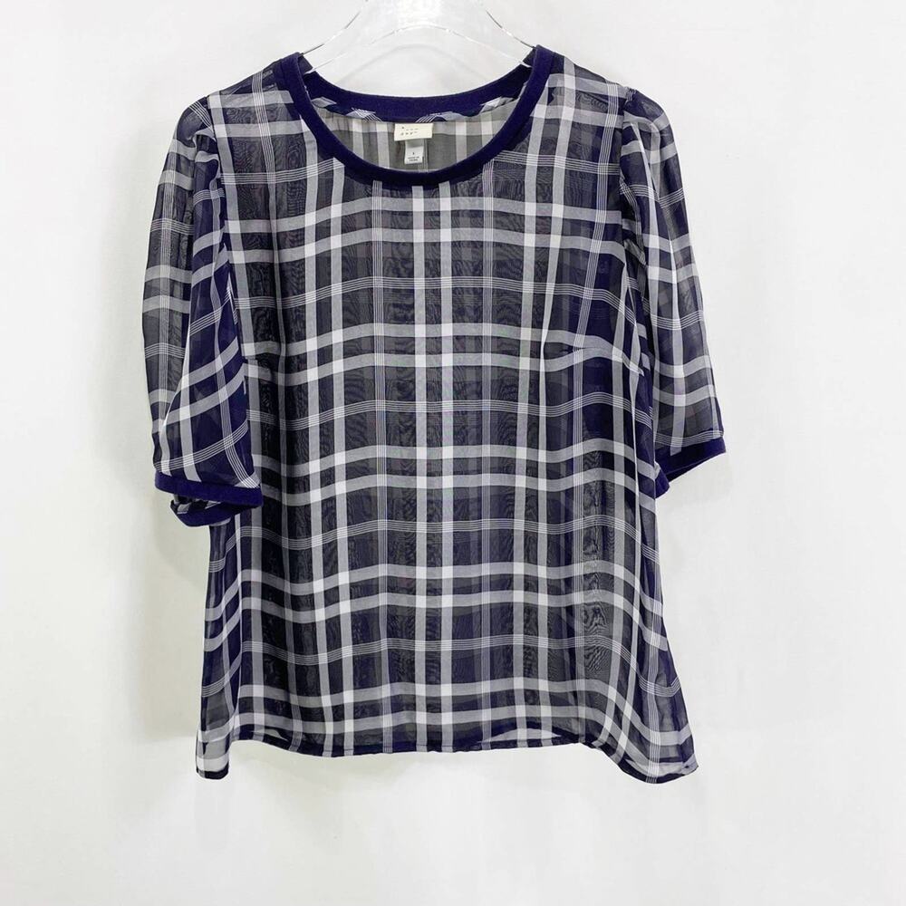 A NEW DAY Sheer Plaid Round Neck Short Sleeve Blouse